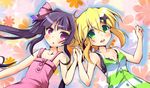  akatsuki_kirika bare_shoulders black_bra black_hair blonde_hair blush bra dress floral_print green_dress green_eyes holding_hands long_hair lying multiple_girls open_mouth pink_dress purple_eyes satsuki_suzuran senki_zesshou_symphogear short_hair smile teeth tsukuyomi_shirabe twintails underwear 