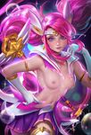  banned_artist breasts choker dissolving_clothes gloves highres league_of_legends long_hair luxanna_crownguard medium_breasts navel nipples pink_hair purple_choker purple_eyes sakimichan solo star_guardian_lux thighhighs torn_clothes twintails 