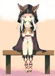  animal_ears blush cape ears_through_headwear eating food fuco granblue_fantasy hood long_hair red_eyes sandwich scathacha_(granblue_fantasy) sitting solo white_hair 