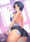  ass back backless_outfit bangs bare_arms bare_shoulders beamed_eighth_notes blue_neckwear breasts collared_shirt eighth_note halterneck hayami_kanade idolmaster idolmaster_cinderella_girls jjune looking_at_viewer medium_breasts musical_note parted_bangs shirt short_hair short_shorts shorts sideboob sleeveless sleeveless_shirt smile solo thighs white_shirt wrist_cuffs yellow_eyes 