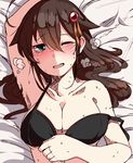  alternate_hairstyle arm_up bangs bed_sheet black_bra blue_eyes blush bra breasts breath brown_hair cleavage commentary crosshatching hair_between_eyes hair_down hair_ornament hand_on_own_chest heavy_breathing implied_sex kantai_collection large_breasts long_hair looking_at_viewer lying matsunoki_(unknown_751) nose_blush on_back open_mouth shigure_(kantai_collection) solo strap_slip sweat underwear upper_body 