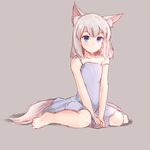  1girl animal_ears barefoot between_legs blue_eyes commentary_request dress grey_background hand_between_legs naozuri original short_hair silver_hair simple_background sitting sketch solo strap_slip sundress tail v_arms wariza wolf_ears wolf_tail 