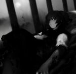  dark expressionless full_moon futon_(kitsune_tsuki) hair_over_one_eye hand_on_own_stomach highres looking_out_window lying monochrome moon moonlight on_back onozuka_komachi shadow short_hair short_sleeves solo touhou two_side_up veins 