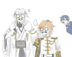  3boys =_= armor black_gloves blue_hair blush fingerless_gloves funny_glasses glasses gloves hand_on_another's_head hand_on_own_face highres hood japanese_armor japanese_clothes male_focus mikazuki_munechika military military_uniform monoyoshi_sadamune multicolored_hair multiple_boys open_mouth orange_hair pom_pom_(clothes) shoulder_armor simple_background sketch sode speech_bubble spoken_ellipsis streaked_hair touken_ranbu tsurumaru_kuninaga uniform white_background white_hair yucann 