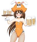  alcohol animal_ears bare_shoulders beer beer_mug blush brown_eyes brown_hair bunny_ears bunny_girl bunnysuit cowboy_shot cup fishnet_pantyhose fishnets flat_chest full-face_blush guilty_gear guilty_gear_xrd hat holding holding_cup may_(guilty_gear) orange_hat pantyhose ponkotsu skull skull_and_crossbones solo tray waitress 