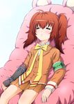  :&lt; =_= aoki_hagane_no_arpeggio armband brown_hair chair closed_eyes diesel-turbo gauntlets haguro_(aoki_hagane_no_arpeggio) long_hair school_uniform single_gauntlet sleeping solo 