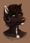  2015 ambiguous_gender anthro black_fur brown_hair bust_portrait canine canned_(artist) caprine curly_hair fur green_eyes hair headshot_portrait heterochromia horn hybrid mammal orange_eyes portrait simple_background solo whiskers 