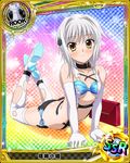  artist_request ass bikini blush breasts card_(medium) cat_hair_ornament character_name chess_piece elbow_gloves gloves hair_ornament high_school_dxd looking_at_viewer official_art rook_(chess) silver_hair small_breasts solo swimsuit thighhighs torn_clothes toujou_koneko trading_card underboob white_legwear yellow_eyes 