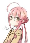  ahoge artist_name bad_id bad_pixiv_id blush dated double_bun from_side glasses green-framed_eyewear huge_ahoge kantai_collection long_hair long_sleeves looking_at_viewer looking_to_the_side makigumo_(kantai_collection) nekobaka pink_hair signature simple_background sleeves_past_wrists solo twintails twitter_username upper_body white_background 