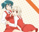  blush green_eyes green_hair hidamari_sketch holding_hands looking_at_viewer multiple_girls nazuna nori one_eye_closed open_mouth school_uniform short_hair skirt smile utomo 