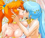  675_(image_675) biting blue_eyes blue_hair blush breasts caron_(rall) choker closed_eyes crossover dress face-to-face flare_(lyon_densetsu_flare) hand_on_another's_face highres hug kiss lip_biting long_hair lyon_densetsu_flare medium_breasts multiple_girls nipple_tweak nipples off_shoulder open_mouth orange_hair ponytail sf_choujigen_densetsu_rall upper_body very_long_hair yuri 