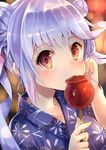  absurdres blue_hair blush candy_apple double_bun food highres i-19_(kantai_collection) japanese_clothes kantai_collection kimono long_hair looking_at_viewer open_mouth red_eyes ribbon solo star star-shaped_pupils symbol-shaped_pupils twintails u_rin yukata 