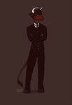  2015 anthro bovine brown_fur brown_hair canned_(artist) cattle clothed clothing crossed_arms fur hair hooves horn male mammal necktie red_eyes simple_background solo standing suit 