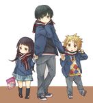  2boys black_hair blonde_hair blue_eyes brother_and_sister brown_eyes child holding_hands jacket kanbara_akihito kyoukai_no_kanata long_hair messy_hair multiple_boys nase_hiroomi nase_mitsuki purple_eyes rennyuu_daifuku sandwiched school_uniform shoes short_hair siblings skirt sweater time_paradox uwabaki younger 