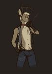  2015 anthro antlers canned_(artist) cervine chest_tuft cigarette clothing collar deer eyebrow_piercing facial_piercing fur horn looking_at_viewer male mammal navel open_shirt piercing pinup pose red_eyes shirt simple_background smoking solo standing tuft 