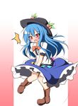  1girl blue_hair blush boots commentary_request date_pun dress dress_shirt dress_tug food food_on_head fruit fruit_on_head hat hinanawi_tenshi knee_boots knees_together_feet_apart layered_dress long_hair number_pun object_on_head peach red_eyes senba_chidori shirt solo surprised touhou wind wind_lift 