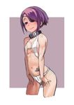  bare_shoulders breasts cleavage collar cropped_legs eyepatch fundoshi highres japanese_clothes kousaku looking_at_viewer navel original purple_eyes purple_hair short_hair small_breasts smile solo 