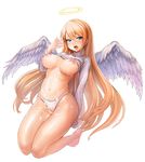  angel angel_wings arm_behind_back bad_id bad_pixiv_id bakara_(qbase00) bangs barefoot blonde_hair blue_eyes blush breasts clothes_lift cum cum_on_body cum_on_breasts cum_on_lower_body cum_on_upper_body cum_string eyebrows eyebrows_visible_through_hair feathered_wings full_body halo highres kneeling knees_together_feet_apart large_breasts long_hair long_sleeves looking_at_viewer navel nipples no_bra no_pants open_mouth original panties perky_breasts simple_background skindentation solo sweater sweater_lift tears turtleneck underwear very_long_hair white_background white_panties white_wings wings 