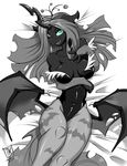  2015 anthro anthrofied breasts capcom changeling clothing cosplay costume darkstalkers fangs female friendship_is_magic green_eyes horn looking_at_viewer lying monochrome morrigan_aensland my_little_pony on_back open_mouth queen_chrysalis_(mlp) solo video_games zwitterkitsune 
