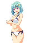 :d bikini breasts green_hair hair_ornament hands_clasped large_breasts looking_at_viewer open_mouth original own_hands_together purple_eyes short_hair side-tie_bikini smile solo strap_gap swimsuit white_background whitemoor 