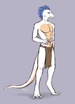  2015 3_toes abs anthro blue_eyes blue_hair canned_(artist) claws clothed clothing digitigrade dragon grey_background hair half-dressed lizard loincloth looking_at_viewer male navel pecs reptile scales scalie simple_background solo standing toe_claws toes topless white_scales white_skin 