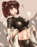  akatsuki_akane bike_shorts bodysuit breasts brown_eyes brown_hair clothes_down collarbone hair_ribbon impossible_clothes ise_(kantai_collection) japanese_clothes kantai_collection looking_at_viewer medium_breasts midriff nontraditional_miko open_mouth ponytail ribbon short_hair solo steam steaming_body toned undershirt 