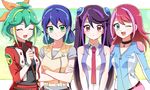  ;d alternate_hairstyle blue_eyes blue_hair bow bracelet bracelet_girls choker closed_eyes cosplay costume_switch crossed_arms green_eyes green_hair hair_bow hair_down hairstyle_switch hiiragi_yuzu hiiragi_yuzu_(cosplay) jewelry joman kurosaki_ruri kurosaki_ruri_(cosplay) long_hair multicolored_hair multiple_girls necktie one_eye_closed open_mouth pink_eyes pink_hair purple_hair rin_(yuu-gi-ou_arc-v) rin_(yuu-gi-ou_arc-v)_(cosplay) school_uniform serena_(yuu-gi-ou_arc-v) serena_(yuu-gi-ou_arc-v)_(cosplay) sleeveless smile twintails two-tone_hair yuu-gi-ou yuu-gi-ou_arc-v 
