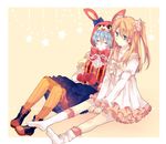  animal_hood ayanami_rei bad_id bad_pixiv_id blue_eyes blue_hair bunny_hood closed_eyes cosplay frilled_skirt frills gloves hatsune_miku hatsune_miku_(cosplay) hood ikeuchi_tanuma lots_of_laugh_(vocaloid) multiple_girls neon_genesis_evangelion orange_hair orange_legwear pantyhose red_gloves skirt souryuu_asuka_langley star two_side_up vocaloid 