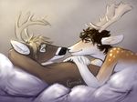  affection anthro antlers bed blonde_hair body_hair brown_fur brown_hair canned_(artist) cervine chest_hair cuddling deer duo eskimo_kiss eye_contact fur green_eyes hair hands_behind_head horn lying male male/male mammal on_back on_front spots spotted_fur tan_fur white_fur 