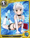  artist_request ass bikini_top blush breasts card_(medium) cat_hair_ornament character_name chess_piece elbow_gloves gloves hair_ornament high_school_dxd looking_at_viewer official_art rook_(chess) silver_hair small_breasts solo thighhighs toujou_koneko trading_card underboob white_legwear yellow_eyes 