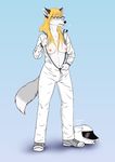  2015 anthro black_nose blonde_hair blue_background blue_eyes breasts breathing bulge canine canned_(artist) clothed clothing dickgirl eyewear fur glasses gradient_background grey_fur hair helmet intersex jumpsuit mammal navel nipples partially_clothed pink_nipples simple_background solo standing undressing wolf 