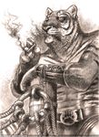  2013 bubblewolf clothed clothing ear_piercing eye_patch eyewear feline fur half-dressed male mammal piercing smoking solo tiger topless whiskers 