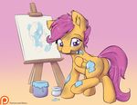  2015 alasou butt canvas equine female feral friendship_is_magic fur hair looking_back mammal mouth_hold my_little_pony orange_fur paint paintbrush patreon pegasus purple_eyes purple_hair scootaloo_(mlp) solo wings young 