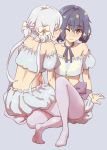  2girls ;( bare_shoulders black_hair blue_ribbon blush bow closed_mouth eyes_closed facing_viewer female full_body grey_background hair_between_eyes hair_bow hair_ornament highres imminent_kiss konno_junko low_twintails midriff mizuno_ai multiple_girls neck_ribbon no_shoes one_eye_closed pantyhose red_eyes ribbon seiza short_hair simple_background sitting twintails white_bow white_hair white_legwear wince yamanori_(yamanori56) yuri zombie_land_saga 