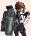  bespectacled brown_eyes brown_gloves brown_hair cable cyborg folded_ponytail glasses gloves highres inazuma_(kantai_collection) kantai_collection long_hair machinery mikuma_folgore pantyhose school_uniform serafuku solo subdermal_port tablet torpedo 