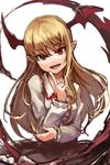  :d akefumi bangs bat_wings black_skirt blonde_hair finger_to_mouth frilled_skirt frills granblue_fantasy head_wings index_finger_raised long_hair looking_at_viewer open_mouth pointy_ears shingeki_no_bahamut shirt simple_background skirt smile solo vampire vampy white_background white_shirt wings 