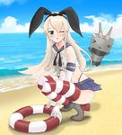  absurdres beach black_panties blonde_hair blush bow day gloves green_eyes highres kantai_collection long_hair looking_at_viewer open_mouth panties rensouhou-chan shimakaze_(kantai_collection) skirt squatting squinting thighhighs underwear 