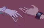  1girl bracelet dissolving ege_(597100016) fingernails hands highres jewelry kurosaki_ruri long_fingernails reaching red_string simple_background string wrist_cuffs yuu-gi-ou yuu-gi-ou_arc-v yuuto_(yuu-gi-ou_arc-v) 