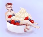  2014 anthro blueberry blush canned_(artist) dessert digitigrade eyewear food fruit fur glasses gradient_background hair ice_cream looking_at_viewer male mammal nude one_eye_closed pinup pose raccoon red_hair simple_background solo strawberry tan_fur white_fur 