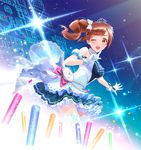  ;) beads bow brown_eyes brown_hair choker confetti dress dutch_angle finger_to_mouth gloves glowstick hair_bow idol idolmaster idolmaster_cinderella_girls idolmaster_cinderella_girls_starlight_stage igarashi_kyouko jumping_dogeza one_eye_closed open_mouth pocket_watch side_ponytail smile solo sparkle starry_sky_bright thighhighs tiara watch white_gloves 