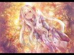  1girl apron artist_name dutch_angle from_below hair_ribbon hairband highres hunched_over kagerou_project kozakura_marry letterboxed long_hair pink_eyes ribbon signature solo sunlight tree very_long_hair white_hair 