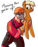  2015 alpha_channel applejack_(mlp) blonde_hair clothed clothing crossover duo earth_pony engineer engineer_(team_fortress_2) english_text equine eyewear female feral freckles friendship_is_magic fur goggles green_eyes hair hard_hat hat helmet horse human impcjcaesar long_hair male mammal my_little_pony orange_fur pony simple_background team_fortress_2 text transparent_background video_games 