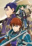  2boys armads armor axe blue_eyes blue_hair cape daniel_macgregor eliwood_(fire_emblem) fire_emblem fire_emblem:_rekka_no_ken green_eyes green_hair hector_(fire_emblem) long_hair lyndis_(fire_emblem) md5_mismatch multiple_boys over_shoulder ponytail red_hair short_hair sword watermark weapon weapon_over_shoulder 