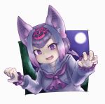  1girl :d animal_ears ascot bangs bat_ears claw_pose commentary_request common_vampire_bat_(kemono_friends) eyebrows_visible_through_hair fangs full_moon gradient_hair highres kemono_friends long_sleeves looking_at_viewer moon multicolored_hair okome_kogashi open_mouth pink_hair pink_neckwear purple_eyes sailor_collar shirt simple_background smile solo v-shaped_eyebrows white_background white_hair white_shirt 