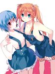  alternate_hairstyle ayanami_rei bad_id bad_pixiv_id blue_hair breasts hair_ornament hair_scrunchie hand_in_pocket ikeuchi_tanuma long_hair multiple_girls naked_overalls naked_suspenders neon_genesis_evangelion orange_hair overalls red_eyes scrunchie short_hair small_breasts souryuu_asuka_langley suspenders twintails 