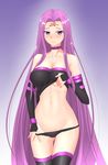  bare_shoulders belt blush breasts choker cowboy_shot detached_sleeves fate/stay_night fate_(series) highres large_breasts long_hair looking_at_viewer navel northman panties panty_pull purple_eyes purple_hair rider shirt_lift solo stomach thighhighs underwear undressing very_long_hair 
