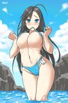  absurdres ahoge aqua_(lostvap) areola_slip areolae bangs bikini bikini_lift black_hair blue_bikini blue_eyes blush breasts cameltoe clenched_hand closers cloud covered_nipples day embarrassed fang fang_out groin hair_ornament hairclip highres id_card large_breasts long_hair looking_at_viewer mouth_hold name_tag navel outdoors raised_eyebrows rock signature sky solo sparkle standing swimsuit thigh_gap underboob very_long_hair wading water yuri_seo 
