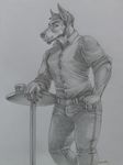  alcohol belt beverage canine clothing doberman doberman_pincer dog dress_shirt facial_hair food jeans looking_down male mammal muscular renard shirt sinistervibe solo table traditional_media_(artwork) 