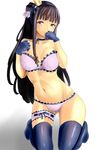  absurdres bangs black_hair black_legwear blunt_bangs bra choker crown enun frilled_bra frilled_panties frills gloves hairband highres kneeling kuonji_shizuka leg_garter lingerie long_hair looking_at_viewer mini_crown panties purple_eyes smile solo stomach strapless strapless_bra thighhighs tokyo_7th_sisters underwear underwear_only unfinished 