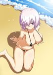  arm_support bare_shoulders beach bikini black_bikini breasts cleavage collarbone covered_nipples day fate/grand_order fate_(series) hair_over_one_eye jpeg_artifacts large_breasts looking_at_viewer mash_kyrielight micro_bikini namonashi outdoors pink_hair purple_eyes shiny shiny_hair shiny_skin short_hair sideboob solo swimsuit water 